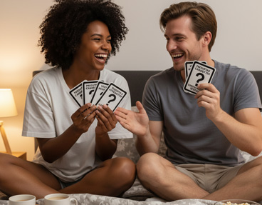 Pareja jugando con cartas de preguntas sexuales